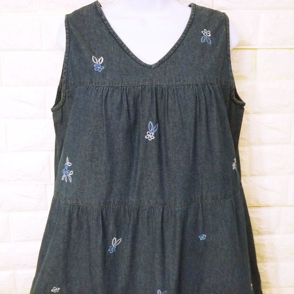 Vintage 90s Denim Jumper Pinafore Dress -M Embroidered Floral Pockets Lace Trim - Picture 2 of 9